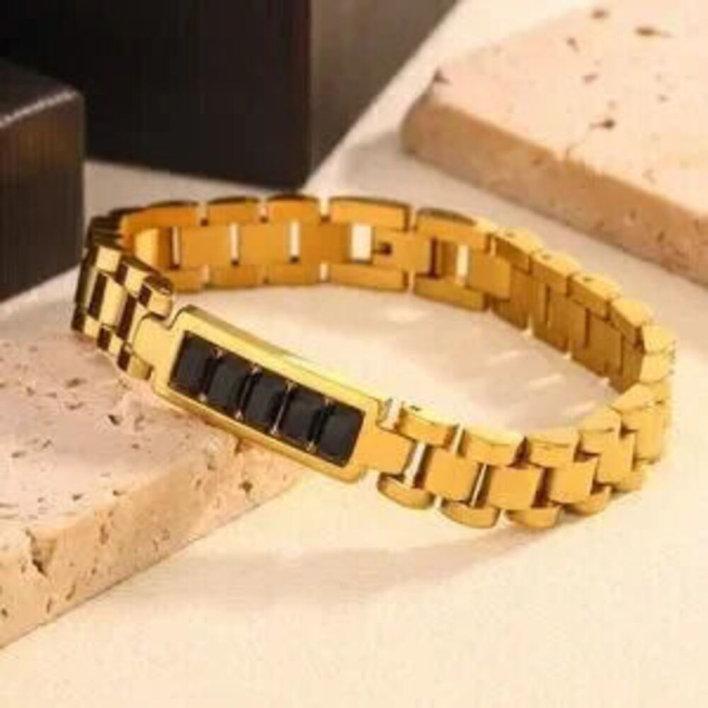18K Gold Plated Bracelet 10mm blk Stone Inlay, Tarnish Resistant